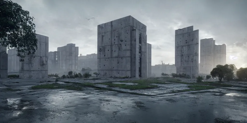 Image similar to brutalist concrete pyramids by Le Corbusier, abandoned temples, empty city streetscapes, surrounded by lush green vegetation, ground-level view, puddles of water, stunning volumetric lighting, sunset, trending on Artstation, 8k, photorealistic, hyper detailed, unreal engine 5, cinematic, epic lighting, cryengine, octane render, cyberpunk,, dark, gloomy