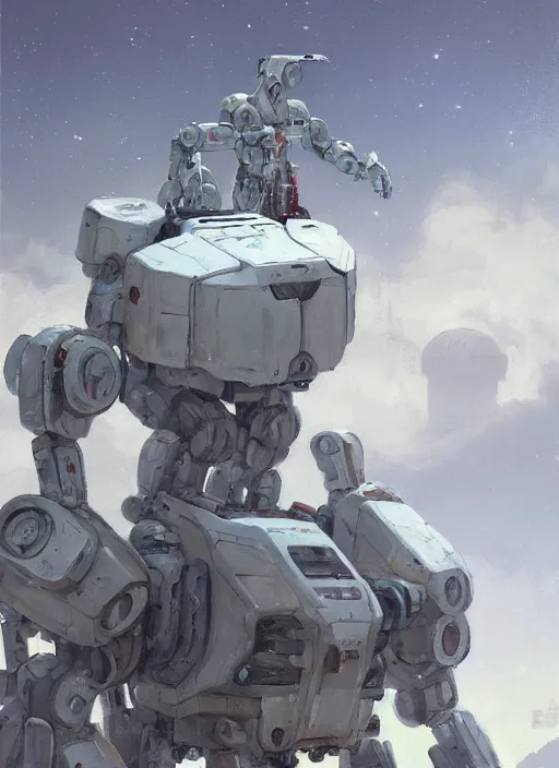 Image similar to an intricate oil painting of a giant pristine white mechsuit mecha mech with rounded components and tarpaulin cloak by simon stalenhag, by ian mcque inspired by nier : automata, clean white lab background