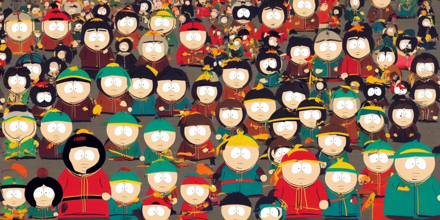 Prompt: south park kenny kyle stan cartman in style of nihonga painting by uemura shoen