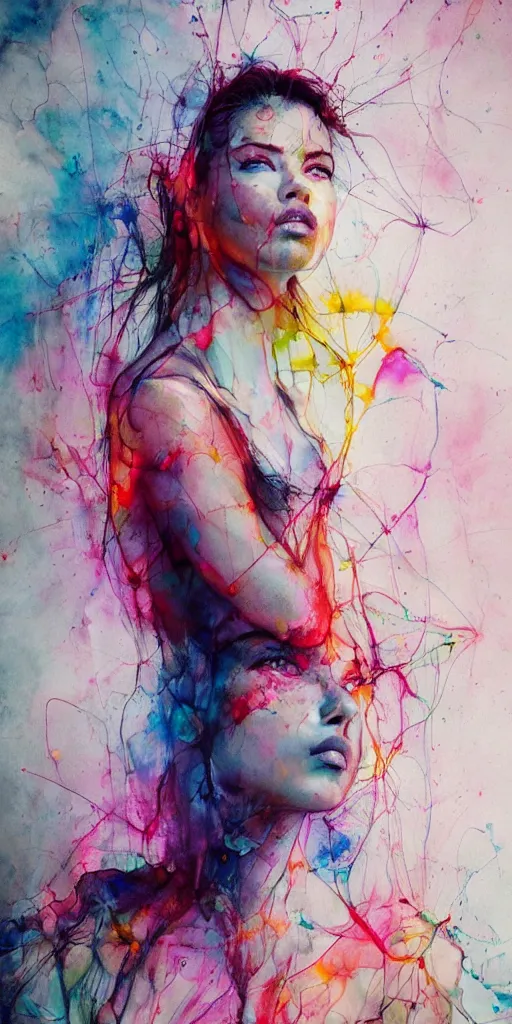 Prompt: adriana lima by agnes cecile enki bilal moebius, intricated details, sitting on a stool, full body portrait, extremely luminous bright design, pastel colours, drips, autumn lights