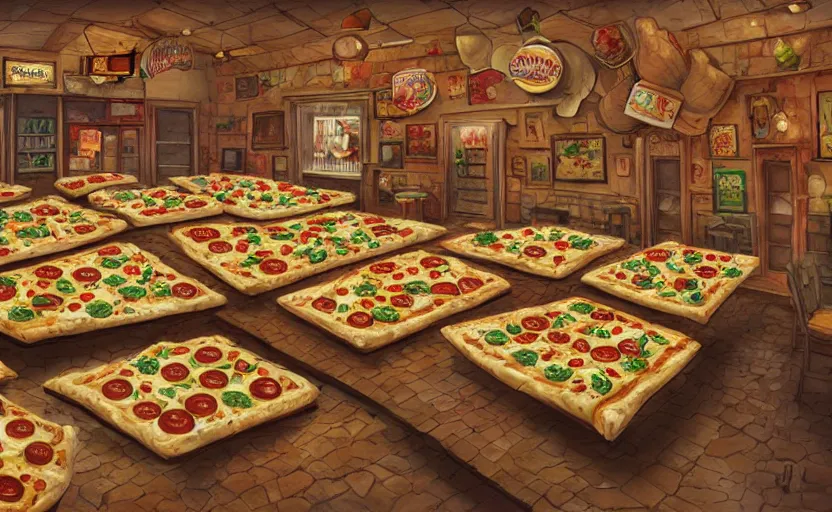 Image similar to a room made of pizza. called the pizza room amazing detailed artwork, trending on artstation