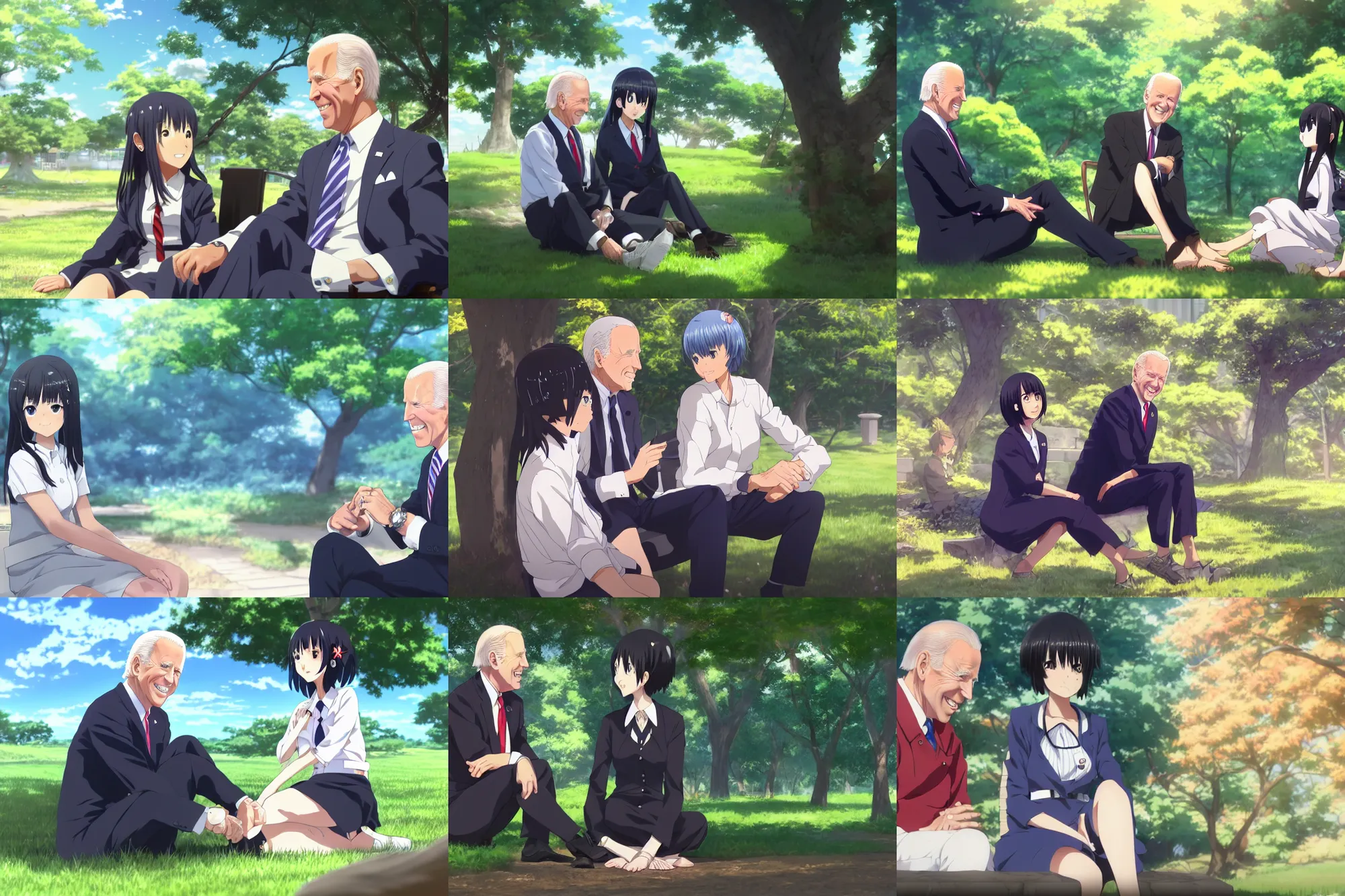 Prompt: photorealistic Joe Biden meets a beautiful smiling anime girl with black hair and hime cut sitting under a tree, anime key visual, digital art, anime screenshot, kyoto animation, makoto shinkai, trending on artstation