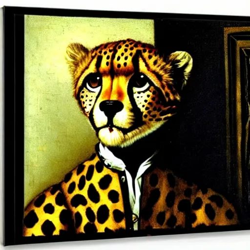 Image similar to A portrait of a steampunk anthropomorphic cheetah by Vermeer.