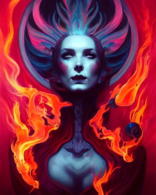 Prompt: black red smoke twisting ink portrait, draconic priestess, flames, ice, aqua glow, radiant halo of light, peter mohrbacher, artgerm