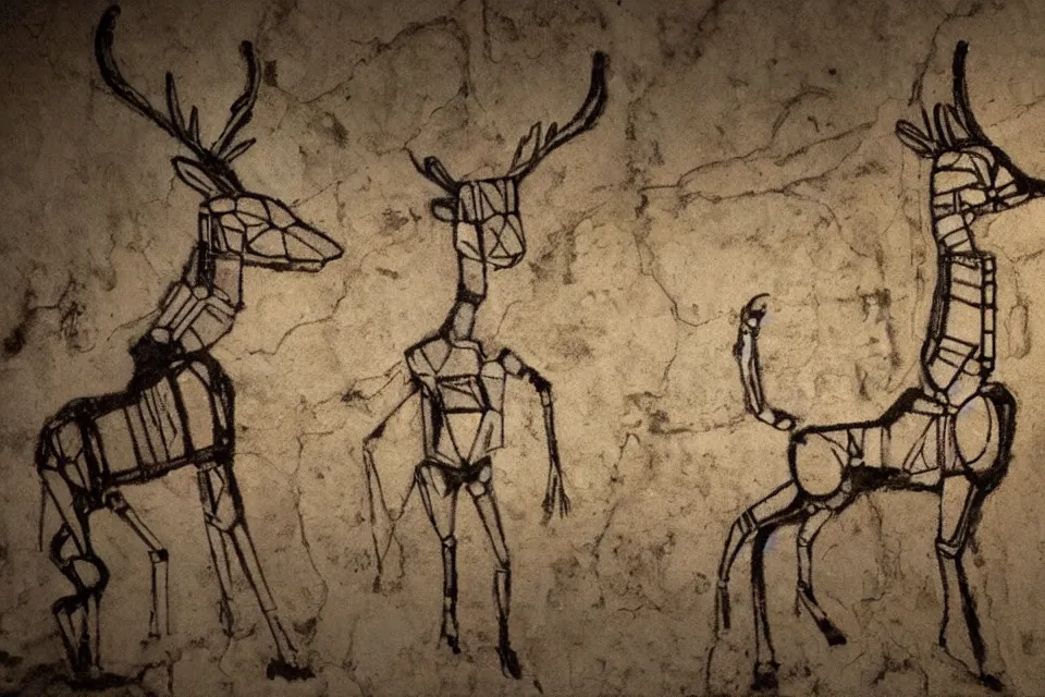 Image similar to a cave painting of a deer and a 1 9 5 0 s sci - fi robot mecha. lascaux cave paintings, chauvet