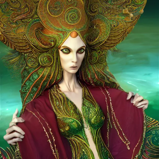 Image similar to a beautiful woman wearing a green kaftan made of silk with golden ornaments by alex gray and android jones , Karol Bak, Ayami Kojima, Amano , concept art, character design, fantasy,3D, 8k resolution