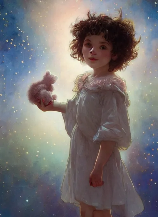 Prompt: A cute little girl with short curly brown hair. She is standing in a field at night holding a care bear, looking up and the sky is filled with constellations. beautiful fantasy art by By Artgerm and Greg Rutkowski and Alphonse Mucha, trending on artstation.