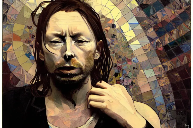 Image similar to hyper realistic portrait of thom yorke singer songwriter, side, liminal space, by lee bermejo, alphonse mucha and greg rutkowski, obese head