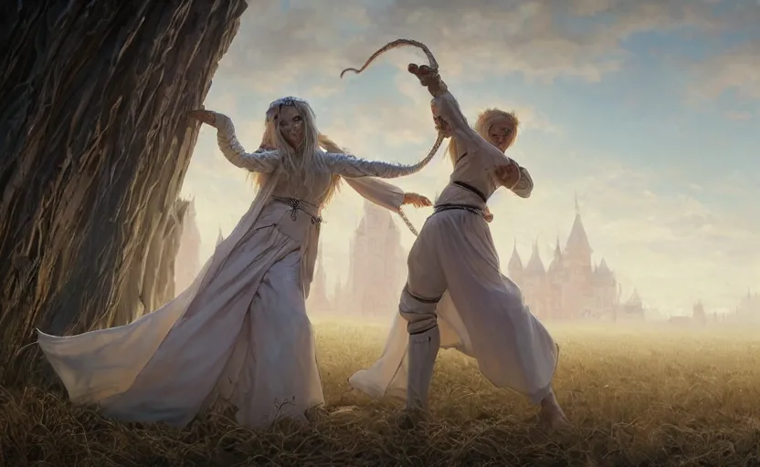 Prompt: mage fighting a ghoul, blonde braided hair mage wearing ivory gothic robe, summer castle, movie action still frame, wide horizon sharp focus, intricate, elegant, highly detailed, hyperreal highly detailed 8 k, digital painting, concept art, smooth, illustration, art by artgerm, greg rutkowski, ilya kuvshinov, alphonse mucha