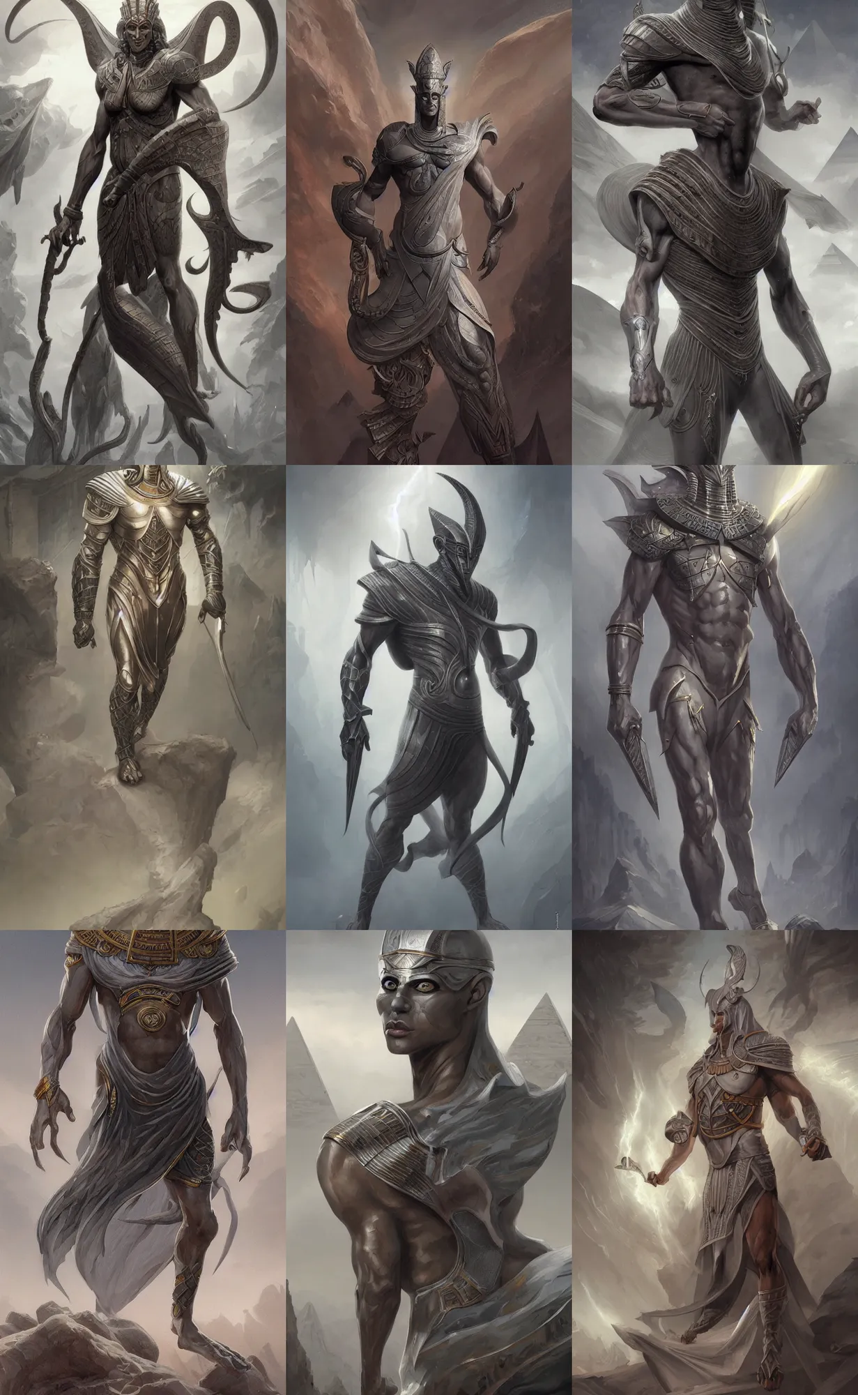 Prompt: grey skin, storm egyptian god, king, male, full body shot, highly detailed, digital painting, artstation, concept art, sharp focus, illustration, orientalism, art by aleksi briclot and mohrbacher and raphael lacoste and magali villeneuve