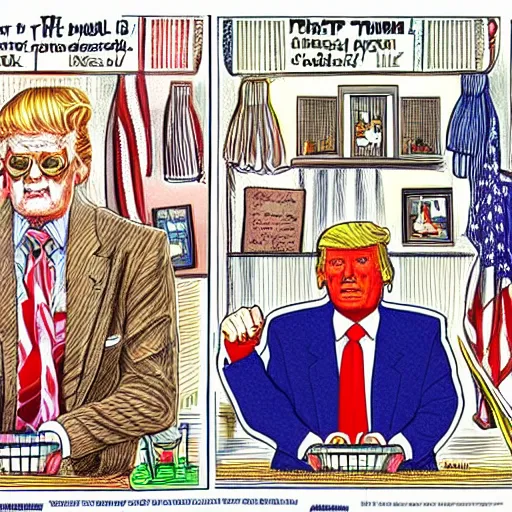 Image similar to !dream The Artwork of R. Crumb and his Cheap Suit Donald Trump and Jared Kushner, pencil and colored marker artwork, trailer-trash lifestyle