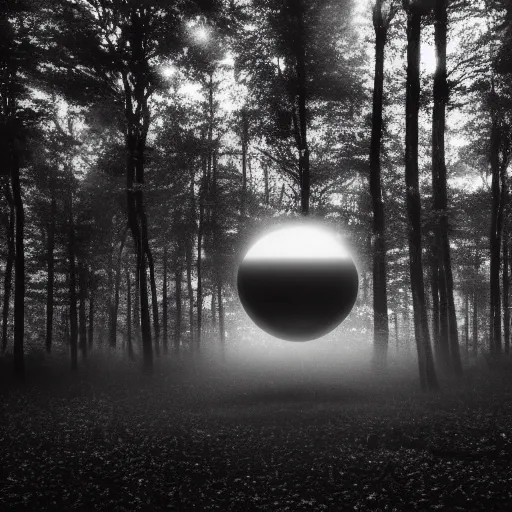 Prompt: Monochrome photo of a hovering glowing glass sphere in a misty forest at night with light rays behind the trees, (((children))) surrounding the sphere, motion blur, grainy Tri-x pushed to 3200, tilt-shift, holga