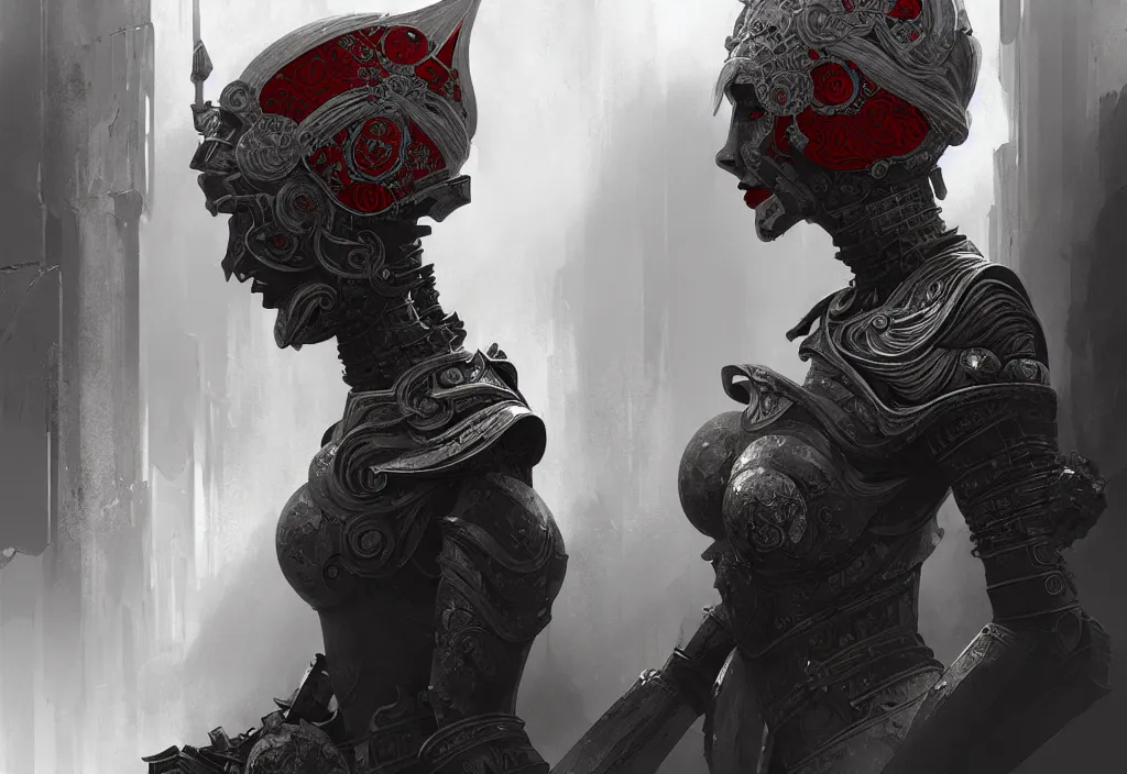 Image similar to portrait grey hair knights of zodiac girl + smoky eyes, matt black / little red color armor in ruined agora of athens, ssci - fi and fantasy, intricate and beautiful and elegant, highly detailed, digital painting, artstation, concept art, smooth and sharp focus, illustration, art by tian zi and wlop and alphonse mucha