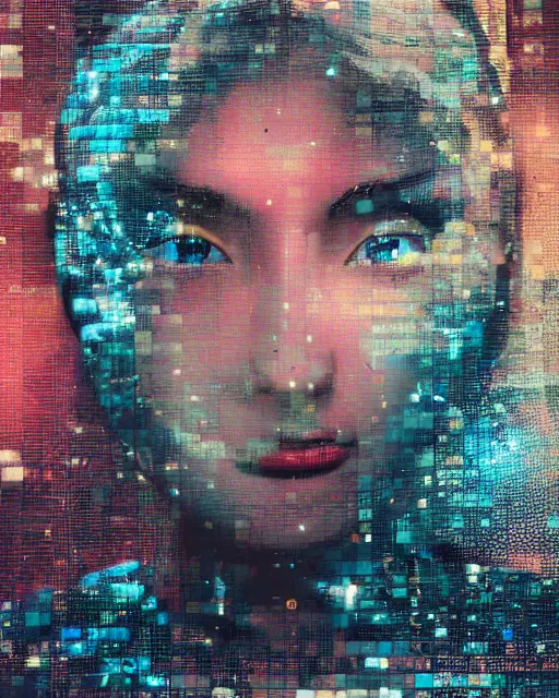 Prompt: A broken monitor with the calm face of an AI woman on it. Very very very strong glitches on the monitor. The face is blurry with glitches. Extremely high detail, glitchcore, glitches, glitch, cyberpunk, deep colors, 8k render