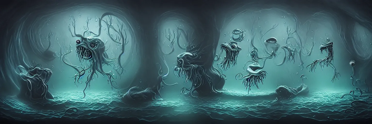 Image similar to whimsical watery alchemical monsters, surreal dark uncanny painting by ronny khalil