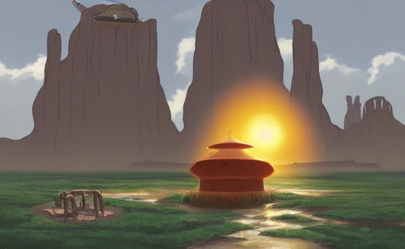 Prompt: a realistic cell - shaded studio ghibli concept art from paprika ( 2 0 0 6 ) of a multi - colored ufo from close encounters of the third kind ( 1 9 7 7 ) in a flooded monument valley temple stonehenge jungle. a giant camel is in the foreground. very dull colors, portal, hd, 4 k, hq