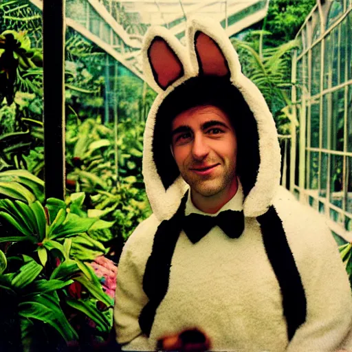 Prompt: grainy head to shoulder portrait Polaroid film photograph of a man wearing a bunny costume in a tropical greenhouse. looking at the camera!!. super resolution. Extremely detailed. Polaroid 600 film. by Annie Leibovitz and Richard Avedon