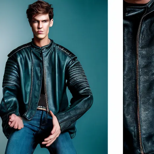 Image similar to an award - winning photo of a male model wearing a baggy teal distressed medieval leather menswear jacket by boris issey miyake, 4 k, studio lighting, wide angle lens