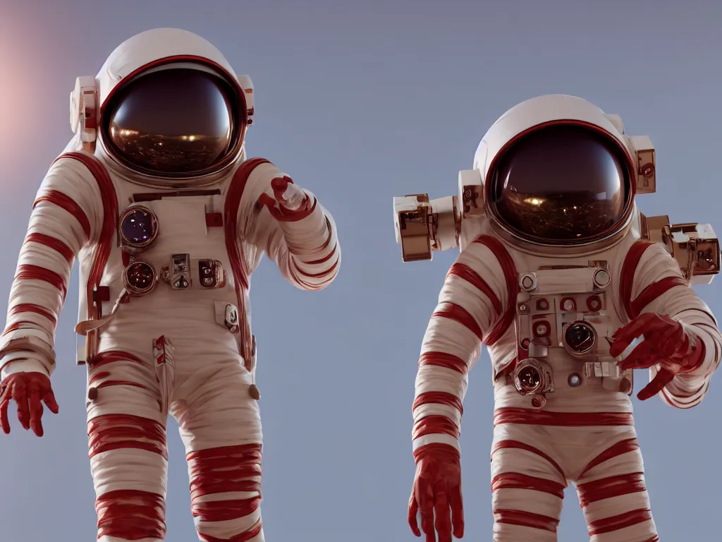 Image similar to ornate red bone in astronaut suit, gold linens, cinematic lighting, dramatic, octane render, long lens, shallow depth of field, bokeh, anamorphic lens flare, 8k, hyper detailed, 35mm film grain