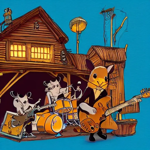 Prompt: rats playing in a rock band inspired by the beatles, inside a wooden house, style by disney, studio ghibli, pixar, intricate, highly detailed, digital painting, artstation, concept art, 7 0 s pallete, high quality, trending on artstation