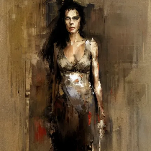 Image similar to full length portrait of a goddess, by Jeremy Mann, detailed, stylized, loose brush strokes, intricate, realistic