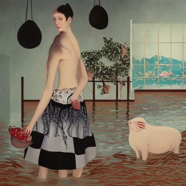 Image similar to tall emo female artist holding a pig's trotter in her flooded kitchen, pomegranates, octopus, water gushing from ceiling, painting of flood waters inside an artist's apartment, a river flooding indoors, ikebana, zen, rapids, waterfall, black swans, canoe, berries, acrylic on canvas, surrealist, by magritte and monet