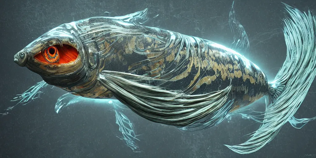 Image similar to goldfish, stylized layered textures, long flowing fins, bioluminescent orbs, 3 d render, substance painter, glowing eye, smooth, sharp focus, art by h r giger