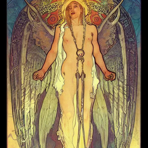Prompt: book of enoch, angels capture demons with huge chains and send them to hell, by mucha, trending on artstation