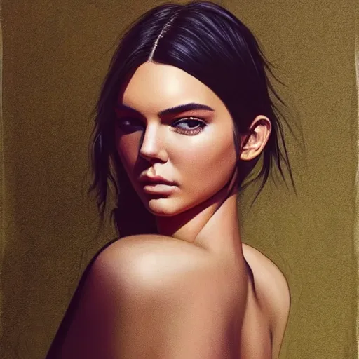 Prompt: fashion model kendall jenner by ben frost by Richard Schmid by Jeremy Lipking by moebius by atey ghailan