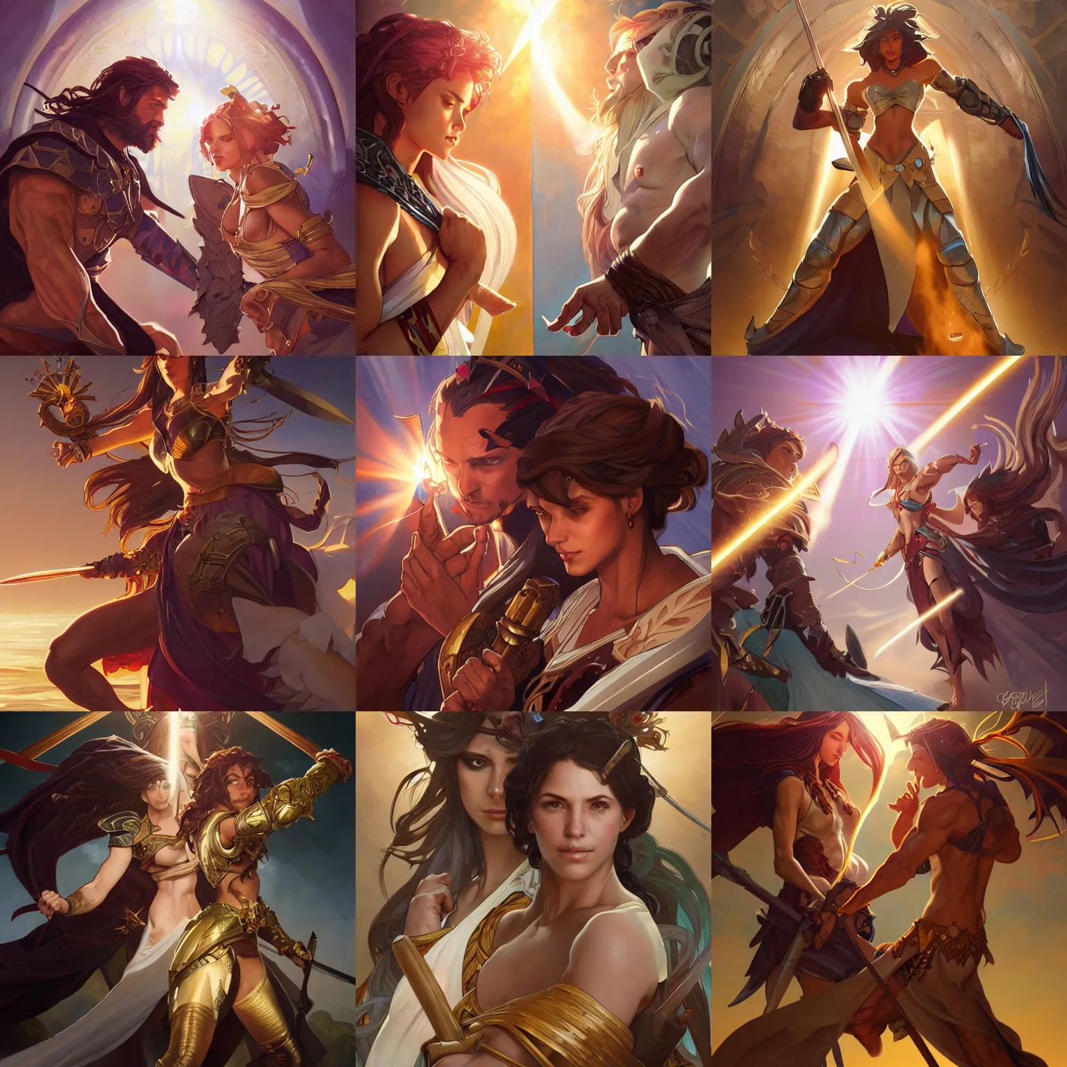Prompt: epic battle between two paladins, spears, sun beams, art by artgerm and greg rutkowski and alphonse mucha and wlop, portrait, dnd, headshot, highly detailed, digital painting, sharp focus, illustration