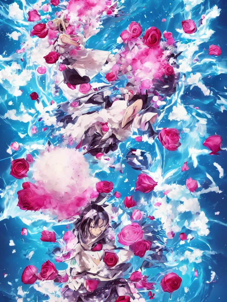 Image similar to hadoken force ball of white and pink roses, flowers exploding and splattering, blue sky, big puffy clouds, spraypaint, totem 2, exploding roses, hodouken, large rose petals, lotus petals, large triangular shapes, studio ghibli anime, radiant lighting, artgerm, manga, trending on artstation, art nouveau, mature colors