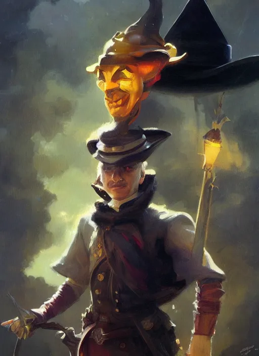 Prompt: fantasy art smug smile man, fancy flashy hat, colorful rich fantasy clothing, sharp fashion, slick hair, oil painting, hd, character portrait, artstation, n. c. wyeth, sargent, greg rutkowski, no beard, insane details,