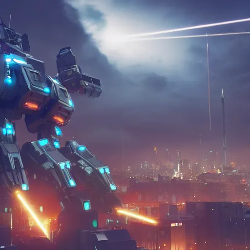 Prompt: A giant mech firing missiles and lasers in a city, cinematic lighting, highly detailed, 8k octane render