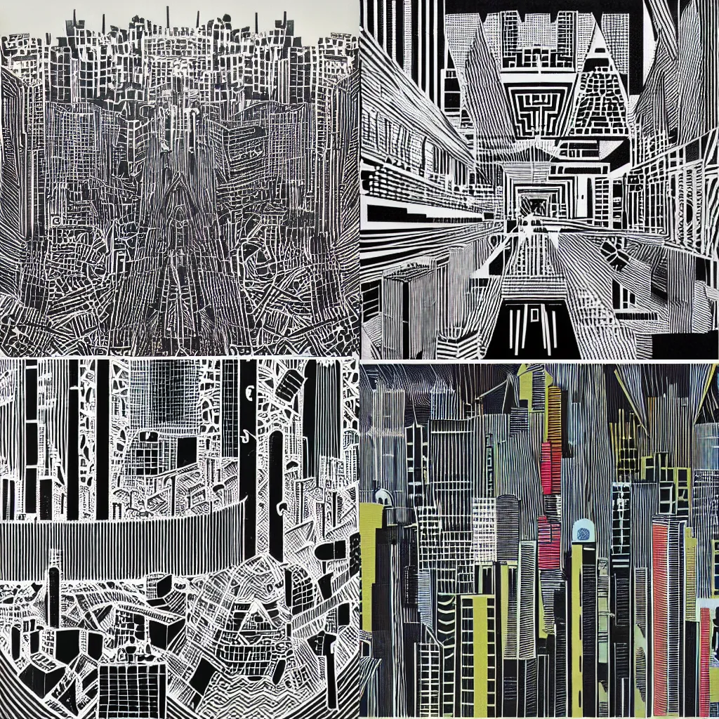 Prompt: Abstract geometric cityscape , stanley donwood ,