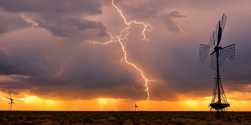 Image similar to photo of a stormy west texas sunset, perfect windmill, lightning, golden hour, high quality, beautiful!!!