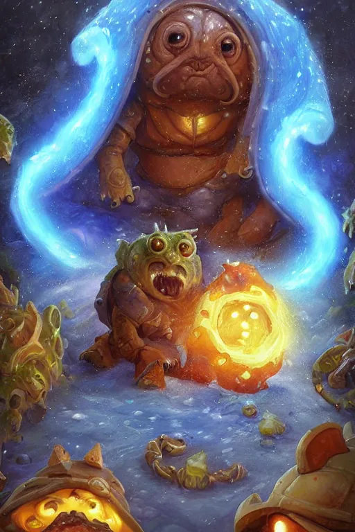 Image similar to 2 d glowing tardigarde, cute tardigrade, blizzard warcraft artwork, hearthstone card artwork oil painting by jan van eyck, northern renaissance art, oil on canvas, wet - on - wet technique, realistic, expressive emotions, intricate textures, illusionistic detail