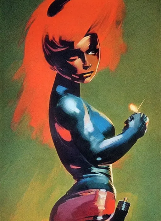 Prompt: female android, rusty hair, glowing skin, prosthetic arm, strong line, bright vibrant color, beautiful! coherent! by frank frazetta, high contrast, minimalism