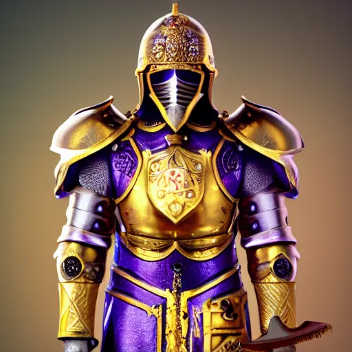 Image similar to a highly detailed knight with glowing purple eyes in a T golden helmet and a golden crown with a blue diamond in the center, golden armor, leather clothes under the armor, leather gloves, holds a black sword, artstation, DeviantArt, professional, octane render, sunset lighting