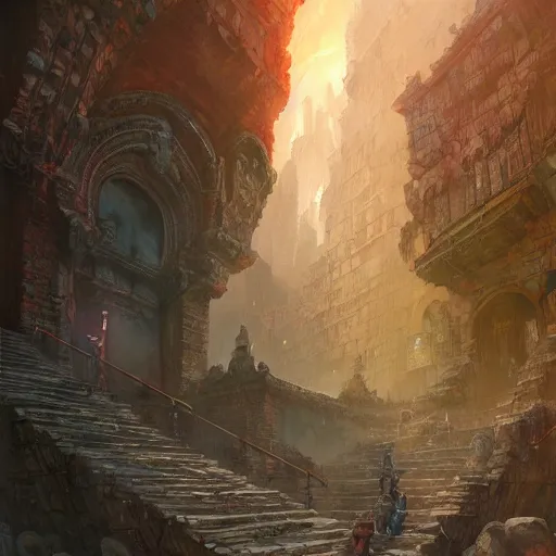 Prompt: the steps of a a crumbling stone temple in the middle of a bustling city, huge crowd on the street, fantasy, marc simonetti, anato finnstark, randy vargas, diego gisbert llorens, bayard wu, fantasy concept art, trending on artstation, 4k