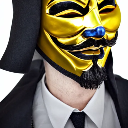 Image similar to guy fawkes mask, professional cosplay, cinematic, key light, 4 k, 8 k, photorealistic, ultra realistic, hyperrealistic