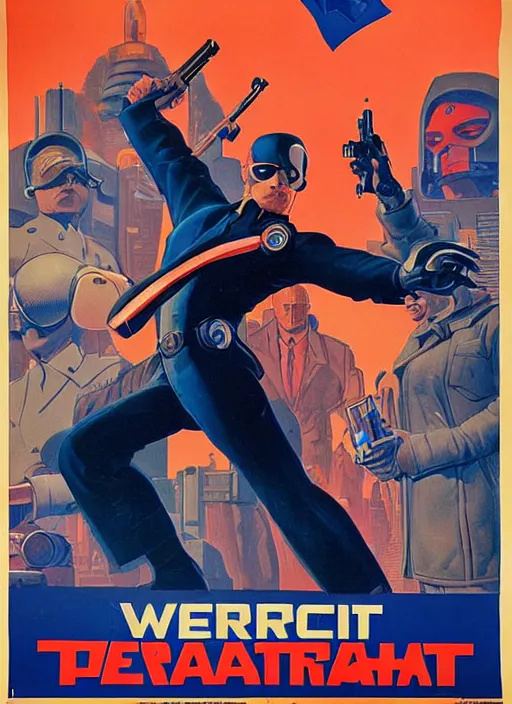 Image similar to american propaganda poster. cyberpunk hitman. portrait by jean giraud and anton otto fischer and john philip falter and will eisner and gil elvgren. realistic proportions. character art. science fiction d & d. tf 2, overwatch.