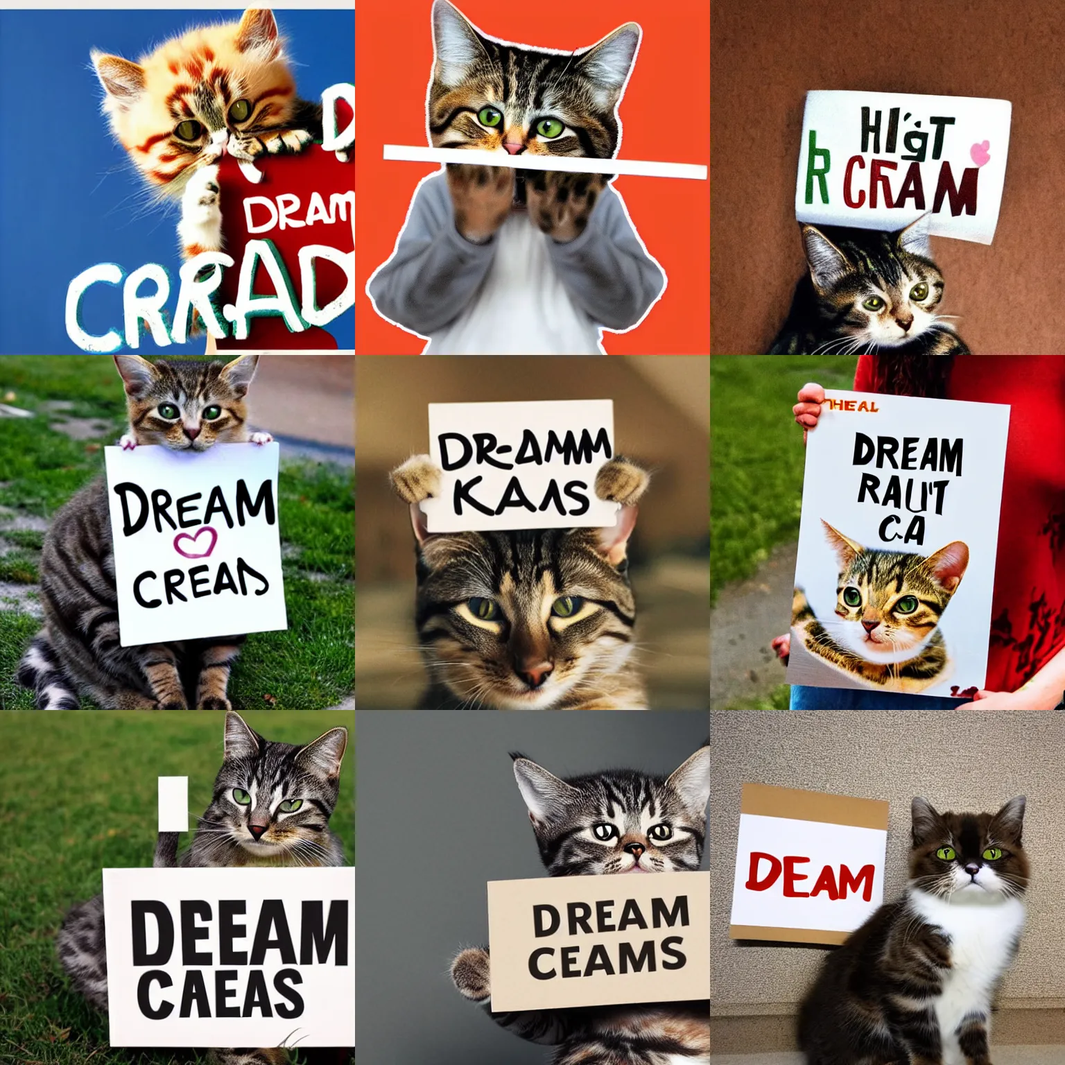 Image similar to realistic high quality photo of a cute cat holding a sign with text that reads : dream cats