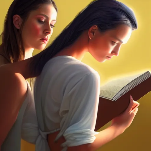 Image similar to hyperrealistic painting of a beautiful young woman holding a book while a woman and three men peep into the book from behind, detailed digital art, trending on artstation