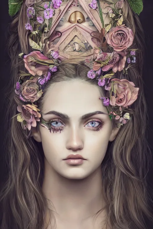 Prompt: a symmetrical portrait with esoteric symbols on the skin and flowers in the hair, intricate, hyperrealistic, concept art, digital art