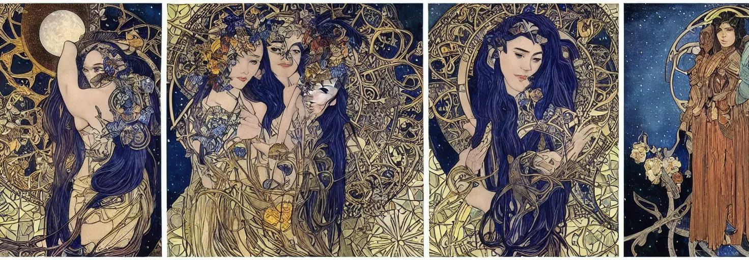 Prompt: the longest night of the year, maiden and fool and crone, cloaked dark winter night, astronomical star constellations and watch gears, traditional moon and candle and tattoo, ultramarine blue and gold, intricate stained glass, awardwinning art by sana takeda and alphonse mucha and frida kahlo