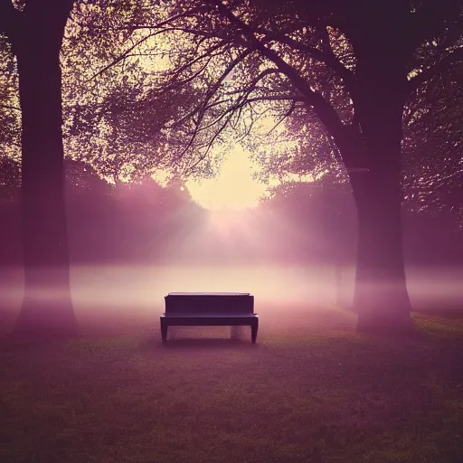 Image similar to a pastel coloured Polaroid photo of a minimalist cubic neon piano made of transparent perspex in a field, beams of light, nostalgic, morning fog, centre-frame