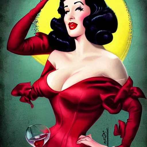 Image similar to a retro pinup illustration of dita von teese in the style of anna dittmann and in the style of charlie bowater and in the style of gil elvgren.