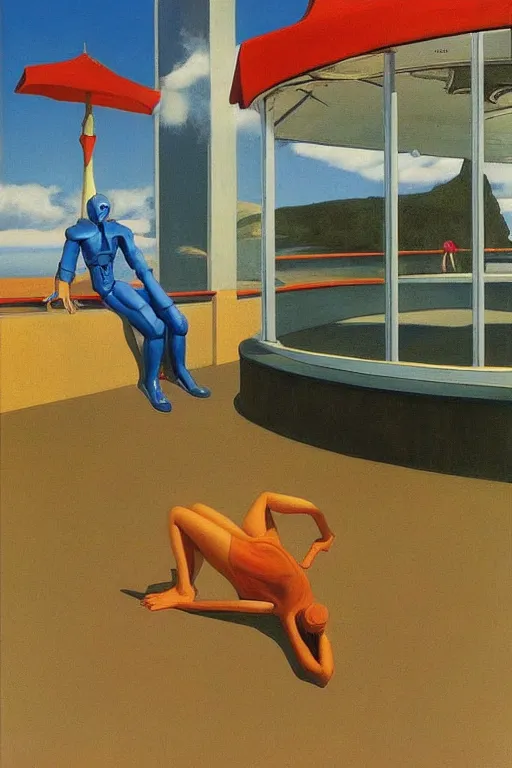 Image similar to liminal vaporwave robot surrealism dreams, painted by Edward Hopper, painted by salvador dali, painted by moebius, airbrush