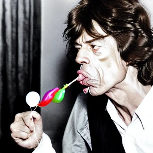 Image similar to Mick Jagger blowing a balloon