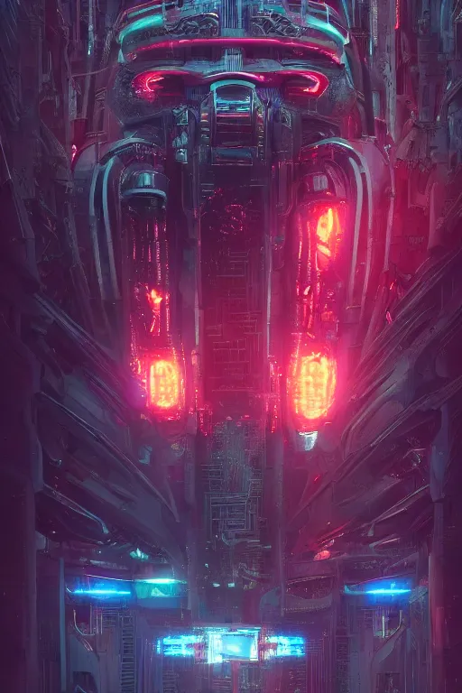 Prompt: Giant futuristic robot, illustrated by Greg Rutkowski and H.R. Giger, 35mm lens, beautiful macro close-up imagery, vibrantly lush neon lighting, beautiful volumetric-lighting-style atmosphere, a futuristic atmosphere, intricate, ultra detailed, photorealistic imagery, trending on artstation, 4k, 8k